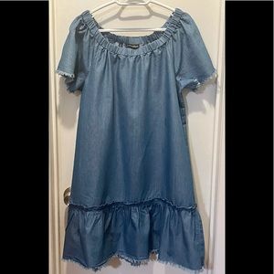 Alison Andrews denim dress with frayed sleeves and hem L